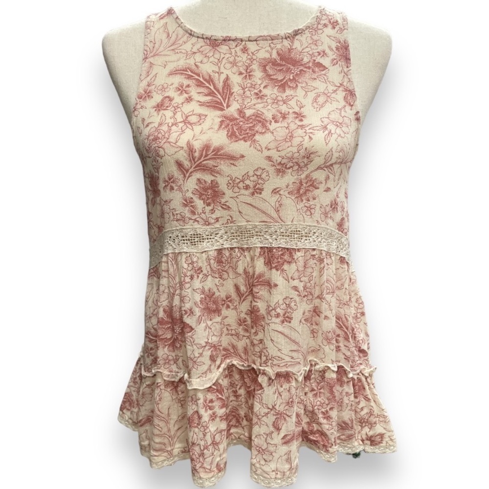 AEO Boho Floral Tiered Flowy tank top lace detail off pink and off white